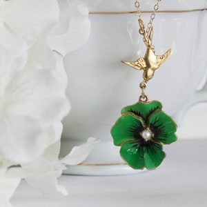 Enamel Flower Necklace Pansy Necklace Green Necklace Flower Necklace Gift For Her Botanical Jewelry Green Necklace