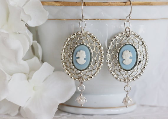 Cameo Earrings Wedge Wood Blue Cameo Earrings Vintage Jewelry - Main Image