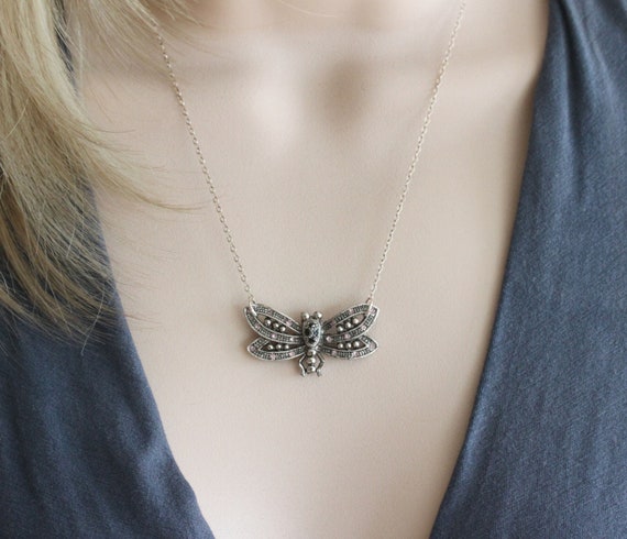 Silver Butterfly Necklace Marcasite 