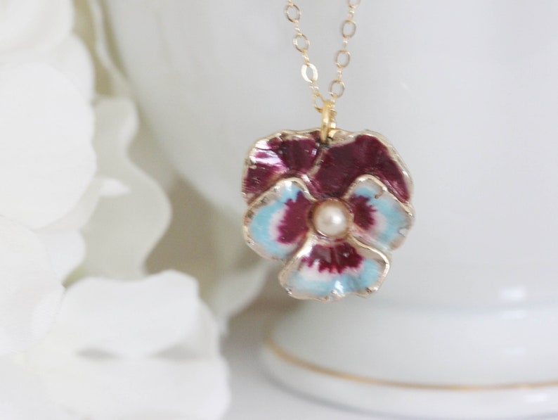 Enamel Flower Necklace Turquoise Pansy Necklace Pansy Pendant Botanical Jewelry Viola Necklace Vintage Pansy Necklace Gift For Her image 3