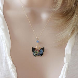 Vintage Enamel Butterfly Necklace: Black Floral Pendant, Gold Filled Chain