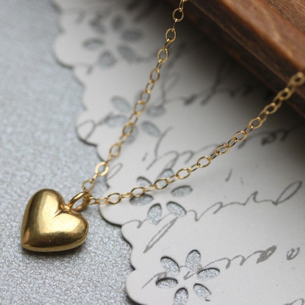 Gold Heart Pendant Gold Puffy Heart Necklace  14 karat Gold Filled Gift For Her Love And Friendship Necklace