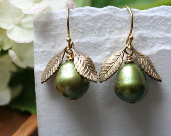 Green Pearl Earrings Sage Pearl Earrings Leaf Earrings Botanical Jewelry Gift For Her