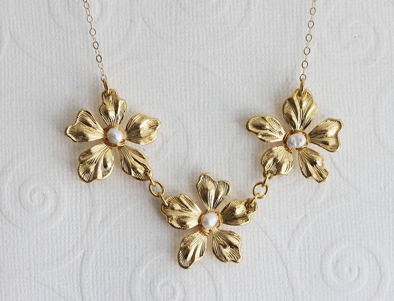 Gold Flower Necklace Flower Pearl Necklace Gift For Her Bridesmaid Necklace Wedding Jewelry Wedding Flower Necklace image 1