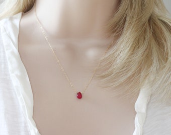 Genuine Ruby Necklace Tiny Ruby Pendant  14 Karat Gold Filled Or Sterling Silver July Birthstone Gift For Her Layering Minimalist
