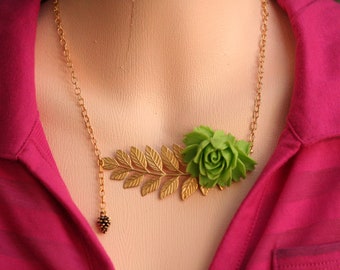 Large Green Flower Necklace Flower Leaf Necklace Big Flower Necklace Gift For Her