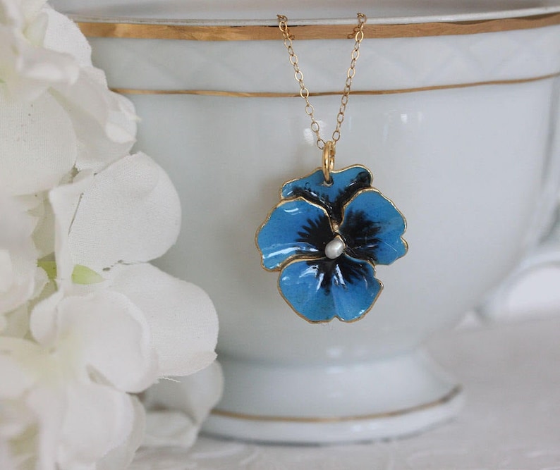 Blue Flower Pendant Blue Pansy Necklace Small Flower Vintage Etsy