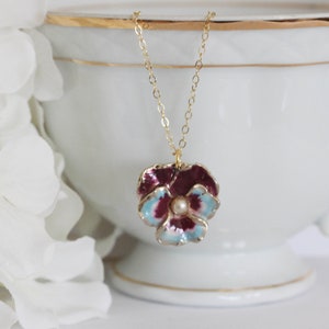 Enamel Flower Necklace Turquoise Pansy Necklace Pansy Pendant Botanical Jewelry Viola Necklace Vintage Pansy Necklace Gift For Her image 1