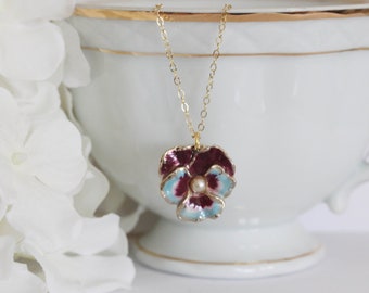 Enamel Flower Necklace Turquoise Pansy Necklace Pansy Pendant Botanical Jewelry Viola Necklace Vintage Pansy Necklace Gift For Her