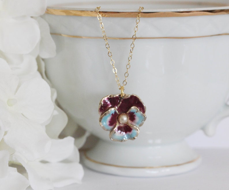 Enamel Flower Necklace Turquoise Pansy Necklace Pansy Pendant Botanical Jewelry Viola Necklace Vintage Pansy Necklace Gift For Her image 1