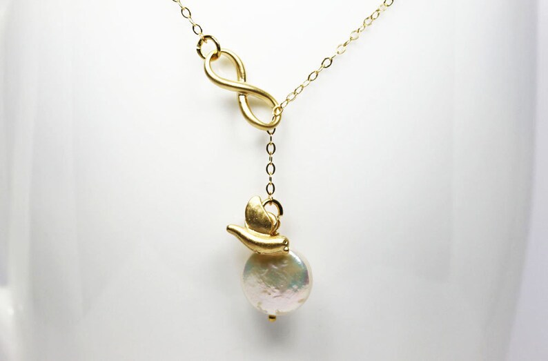 Pearl Infinity Necklace 3D Bird Charm Coin Pearl Gift For Her June Birthstone 14 karat Fine Gold Filled Chain image 4