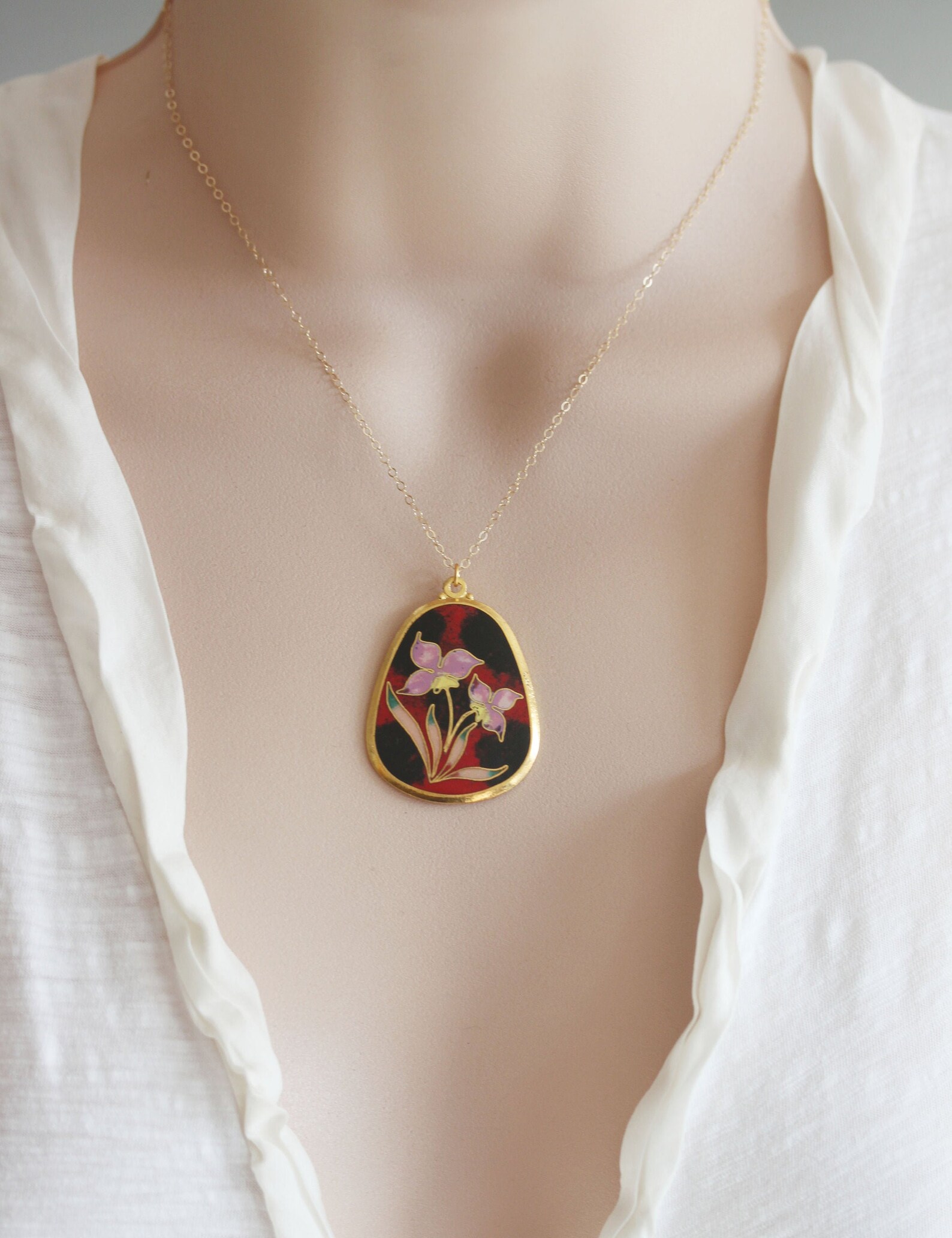 Enamel Flower Necklace Vintage Flower Necklace Iris Pendant Etsy