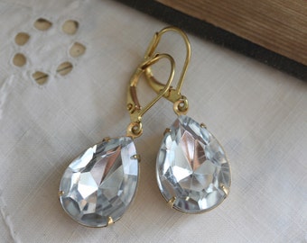 Silver Teardrop Earrings Vintage Style Earrings Clear Rhinestone Earrings Diamond Glow Earrings Gift For Her