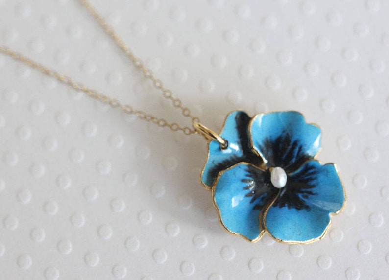Blue Flower Pendant Blue Pansy Necklace Small Flower Vintage Etsy