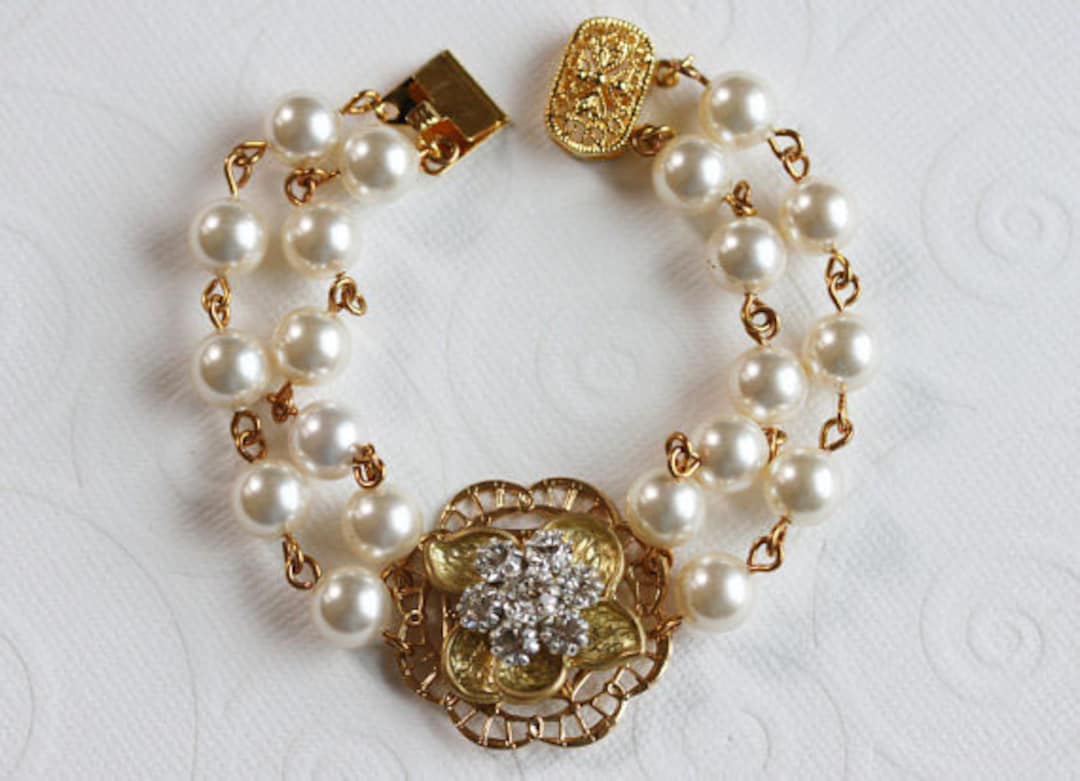 Gold Pearl Wedding Bracelet Gold Pearl and Rhinestone Bracelet ...