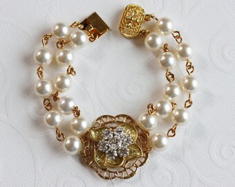 Gold Pearl Wedding Bracelet Gold Pearl And Rhinestone Bracelet Rhinestone flower Bracelet