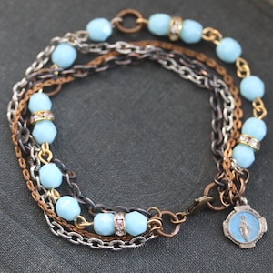 Upcycled Rosary Bracelet: Sky Blue Beads, Virgin Mary Charm