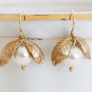 Gold Leaf Pearl Earrings Pearl Leaf Motif Earrings  Silver Leaf Earrings White Swarovski Wedding Jewelry