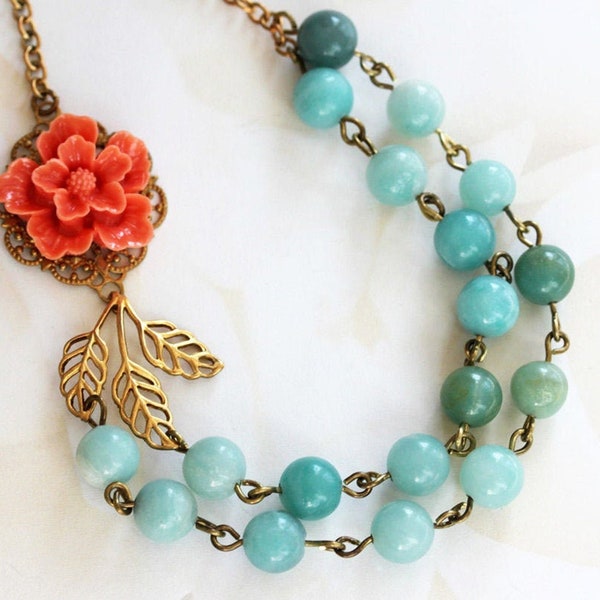 Coral and Aqua Necklace Bead Necklace Amazonite Jewelry Coral Flower Necklace Gift For Her Vintage Jewelry