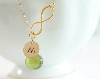 Personalized Infinity Necklace December Birthstone Peridot Initial & Stone Monogram Necklace Gift For Her Green Necklace