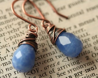 Simple Blue Earrings  Periwinkle Earrings Chalcedony Earrings August Birthstone Copper Wire Wrapped Earrings Gift For Her