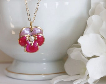 Pink Pansy Necklace Tiny Pansy Pendant Pink Enamel Pansy Pink Viola Necklace Botanical Jewelry Gift For Her Pink Flower Pendant