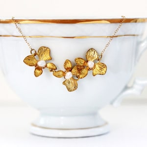 Gold flower Necklace Gold Flower Necklace Gold Flower Pearl Necklace Gift For Her image 1
