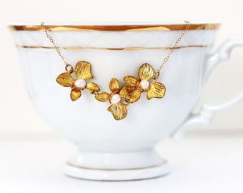 Gold flower Necklace Gold Flower Necklace Gold Flower Pearl Necklace Gift For Her Bridesmaid Necklace