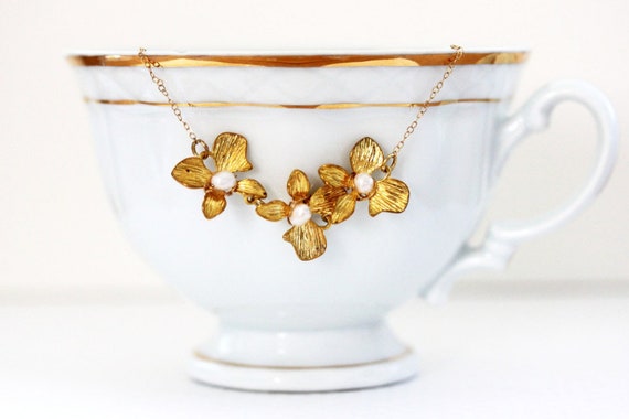 Gold flower Necklace Gold Flower Necklace Gold Flower Pearl Necklace Gift For Her