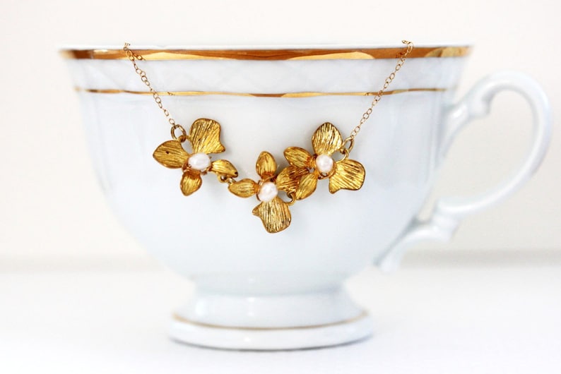Gold flower Necklace Gold Flower Necklace Gold Flower Pearl Necklace Gift For Her image 1