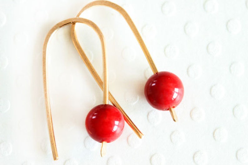 Red Coral Earrings Tiny Red Earrings 14 Karat Gold Filled Earrings Dainty Everyday Earrings Handmade Jewelry image 1