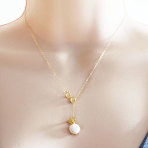 Pearl Infinity Necklace 3D Bird Charm Coin Pearl Gift For Her June Birthstone 14 karat Fine Gold Filled Chain image 1