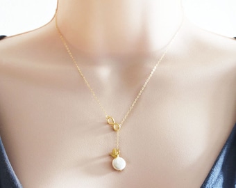 Pearl Infinity Necklace 3D Bird Charm Coin Pearl Gift For Her June Birthstone  14 karat Fine Gold Filled Chain