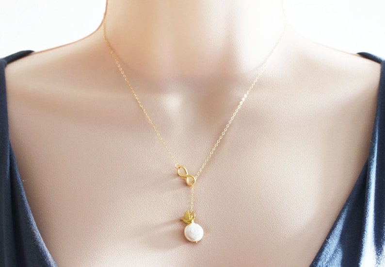 Pearl Infinity Necklace 3D Bird Charm Coin Pearl Gift For Her June Birthstone 14 karat Fine Gold Filled Chain image 1
