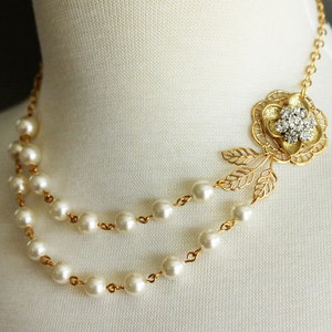 Gold Bridal Pearl Necklace: Rhinestone Flower Statement, Double Strand