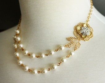 Gold Bridal Necklace Double Strand Pearl Necklace Flower Rhinestone Statement Necklace Gift For Her