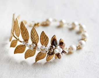 Gold Leaf Bracelet Cuff Brass Woodland Leaves Branch Natural Bridal Elegant Vintage Style