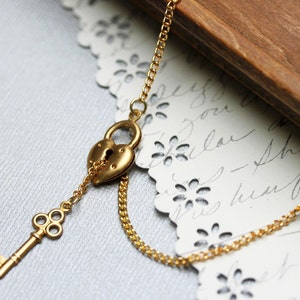 Gold Key and Heart Lock Lariat Necklace: Adjustable Handmade Jewelry