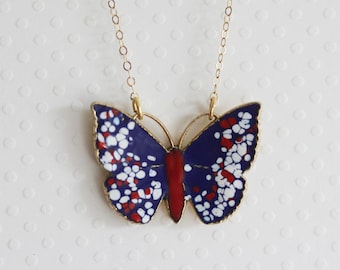 Blue Enamel Butterfly Necklace Vintage Botanical Jewelry Gift For Her