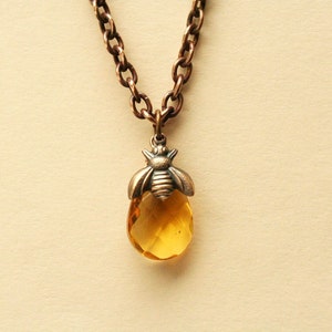 Honey Bee Necklace: Topaz Swarovski Crystal, Vintage Brass Chain