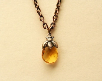 Bee Necklace Honey Bee Jewelry Bee Lover Jewelry  November Birthstone Topaz Swarovski Crystal  Botanical Jewelry Gift For Her