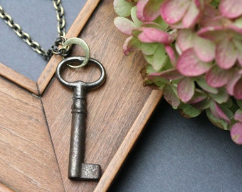 Vintage Skeleton Key Necklace: Upcycled Key Pendant, Oxidized Brass Chain