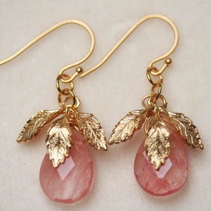 Pale Pink Earrings Strawberry Quartz Earrings Pink and Gold Earrings Pink Leaf Earrings image 2