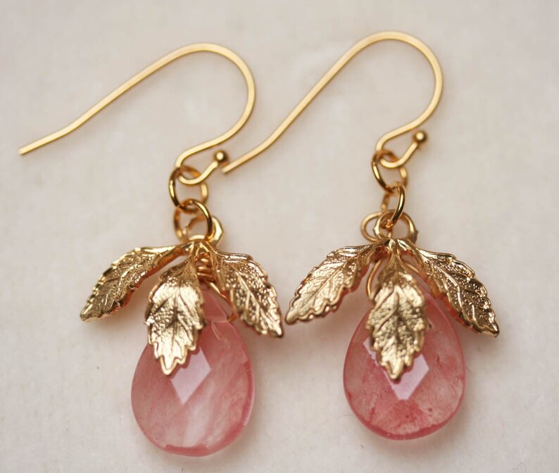 Pale Pink Earrings Strawberry Quartz Earrings Pink and Gold Earrings Pink Leaf Earrings image 2