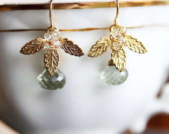 Green Amethyst Earrings Gold Leaf Earrings  Gift For Her  Cluster Earrings Dangle Earrings Drop Earrings