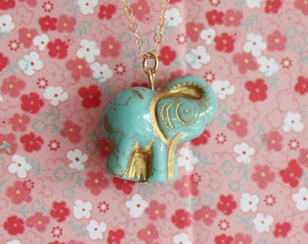 Tiny Elephant Necklace Vintage Turquoise Elephant Pendant Gift For Her Lucite Turquoise Necklace