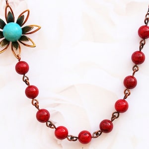 Red Jade Beaded Necklace Turquoise Flower Necklace Vintage Jewelry Gift for Her