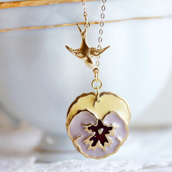 Flower Enamel Necklace Pansy Necklace Pansy Pendant with Gold Bird Pansy Gift For Her Botanical Necklace