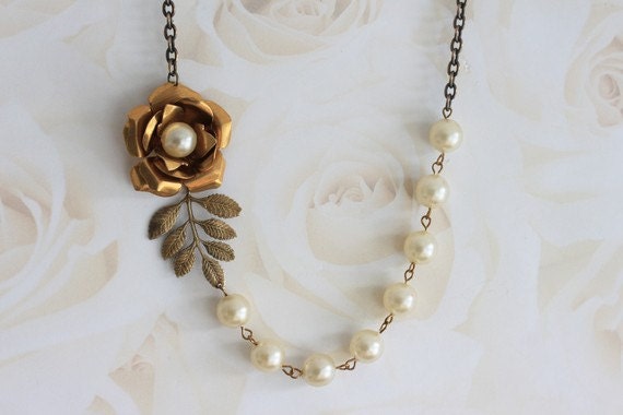 Pearl Flower Necklace Vintage Wedding Gold Pearl Necklace | Etsy