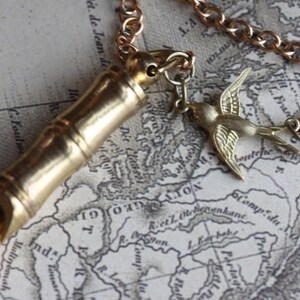 Gold Whistle Necklace Vintage Whistle Necklace Bamboo Brass Whistle with/without Bird Charm Hiking Whistle Steampunk Jewelry Gift for her image 2